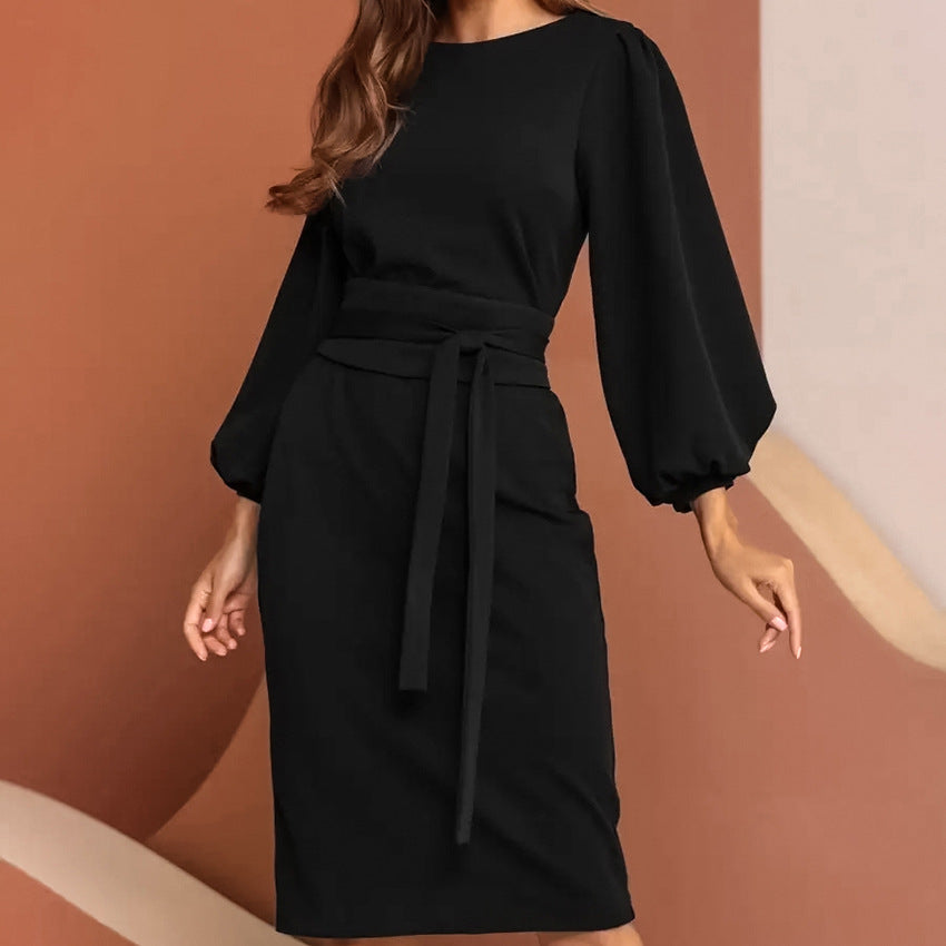 2025 Spring new round neck lantern sleeve slim-fitting hip-wrapped lace-up dress popularwildberries hot women's clothing