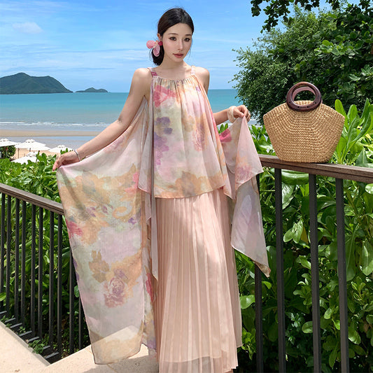 2025 color seaside vacation style suspender dress women's summer new fake two-piece sleeveless mesh pleated dress
