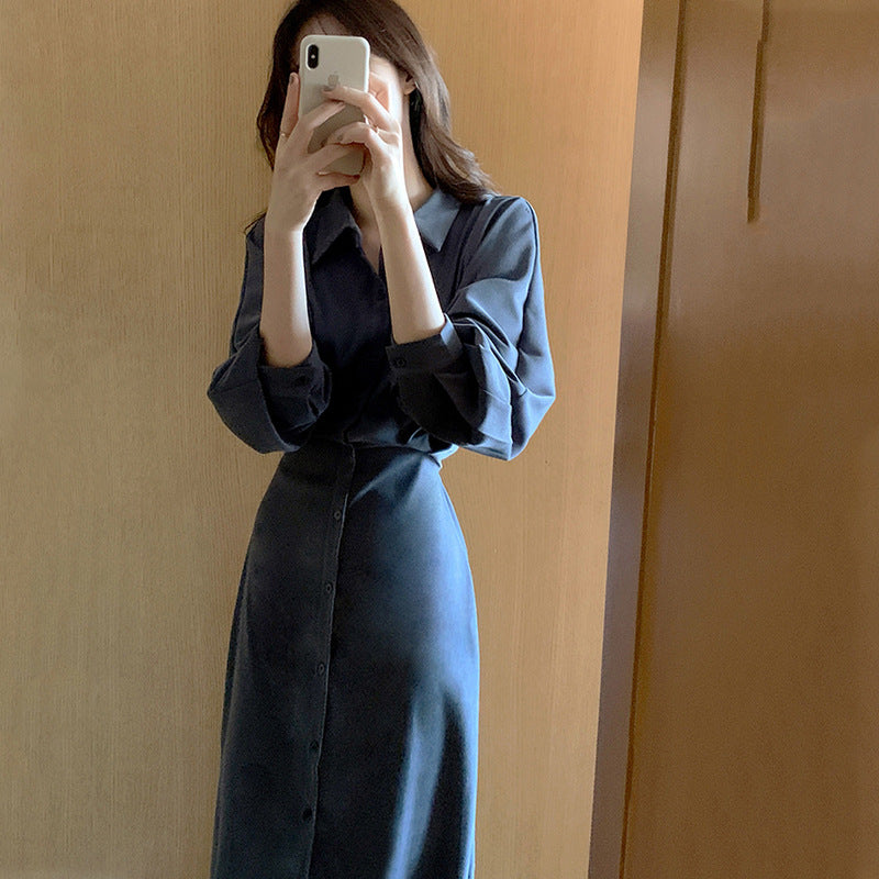 2025 Shirt dress women's spring and summer new  retro temperament waist and thin knee long black skirt