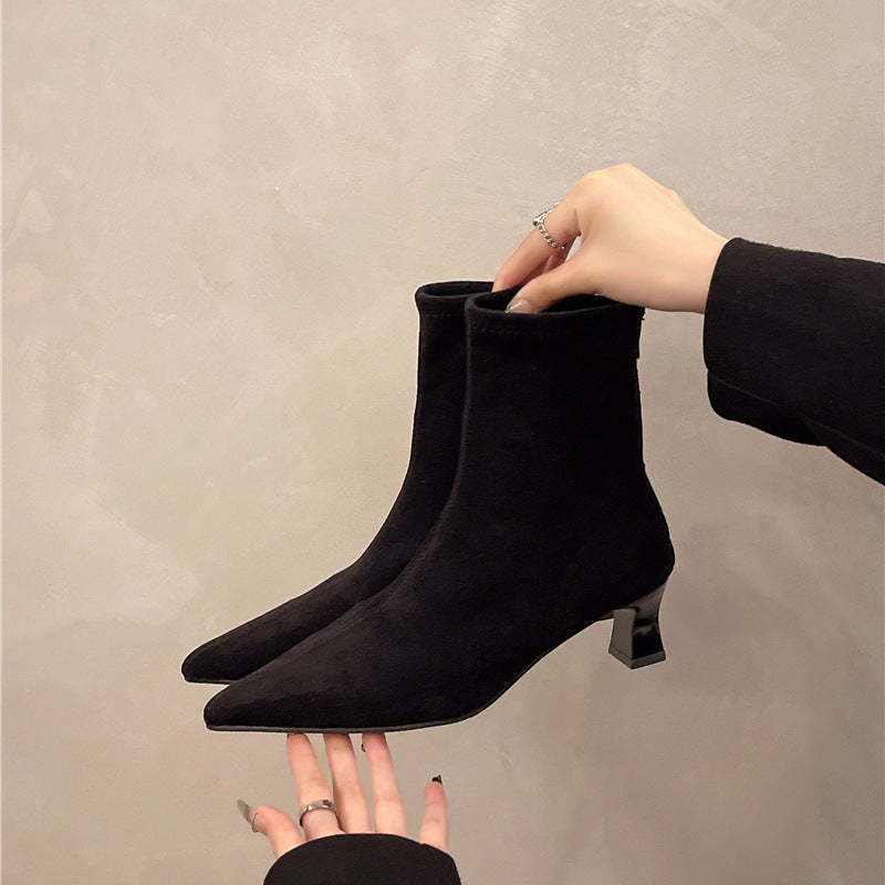2025 niche temperament pointed suede short boots women's boots popular new thin heel high heel and ankle boots thin boots