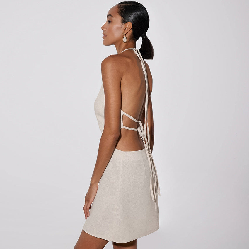 2025 Spring and summer cotton and linen vacation style new neck hollow backless dress popular  fashion New wholesale women's clothing