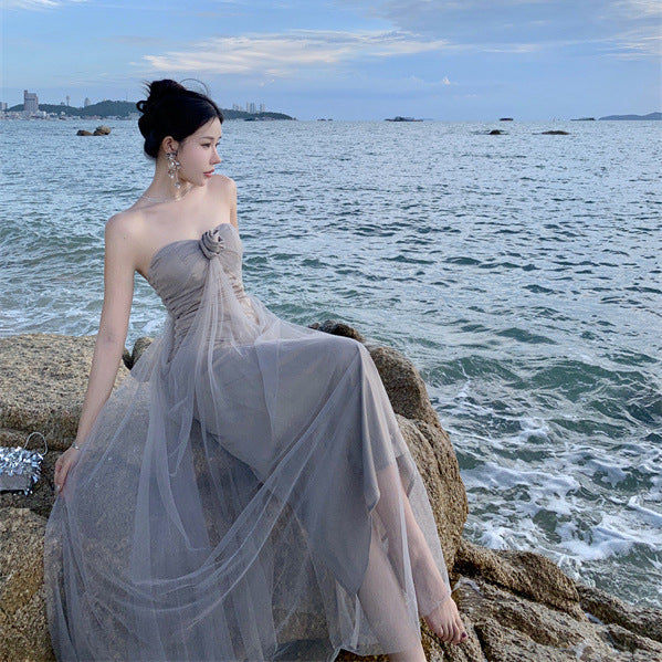 2025 Pure desire wind super fairy temperament mesh yarn one-word shoulder tube top dress fairy summer seaside vacation wind beautiful long dress