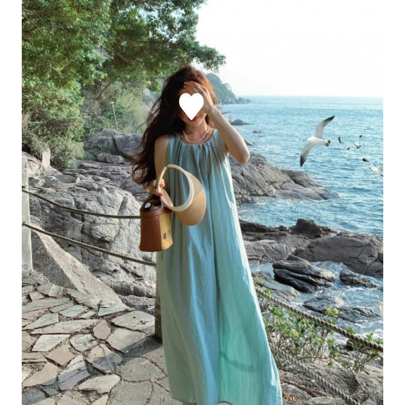 2025 summer Sanya travel wear holiday dress seaside beach skirt women's summer sleeveless neck suspender skirt