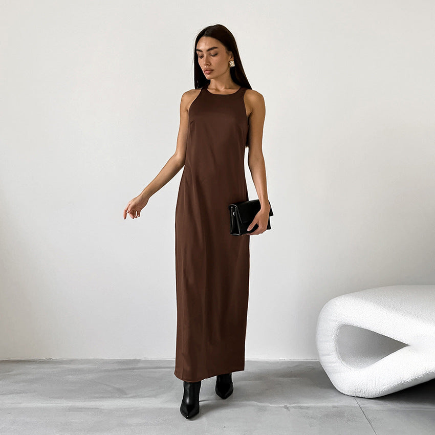 2025 Summer retro classic matte satin slim-fit round neck sleeveless straight skirt versatile Russian casual dress women