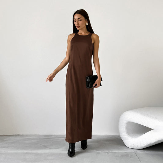 2025 Summer retro classic matte satin slim-fit round neck sleeveless straight skirt versatile Russian casual dress women