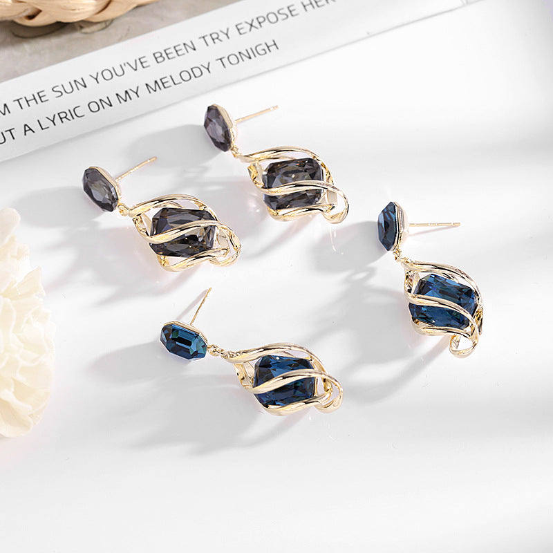 2025 autumn and winter new retro earrings court temperament blue crystal versatile fashion earrings women's 925 silver needles