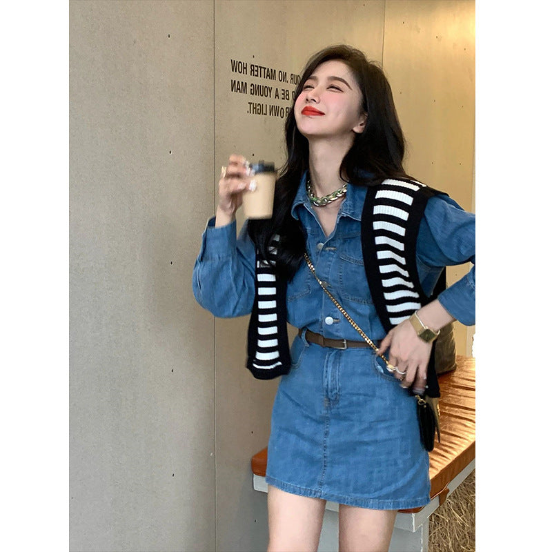 2025 small waist skirt spring and autumn women's clothing  new Hong Kong style chic Hong Kong style retro denim dress