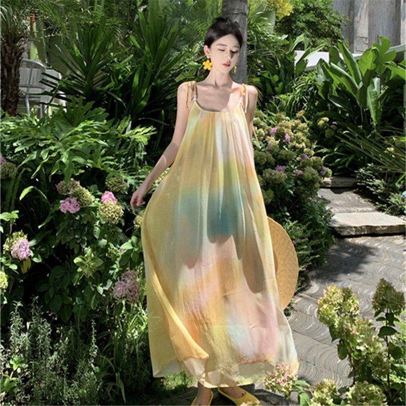 2025 Yellow smudge design sense niche vacation skirt summer temperament suspender dress lazy wind elegant super fairy fairy skirt