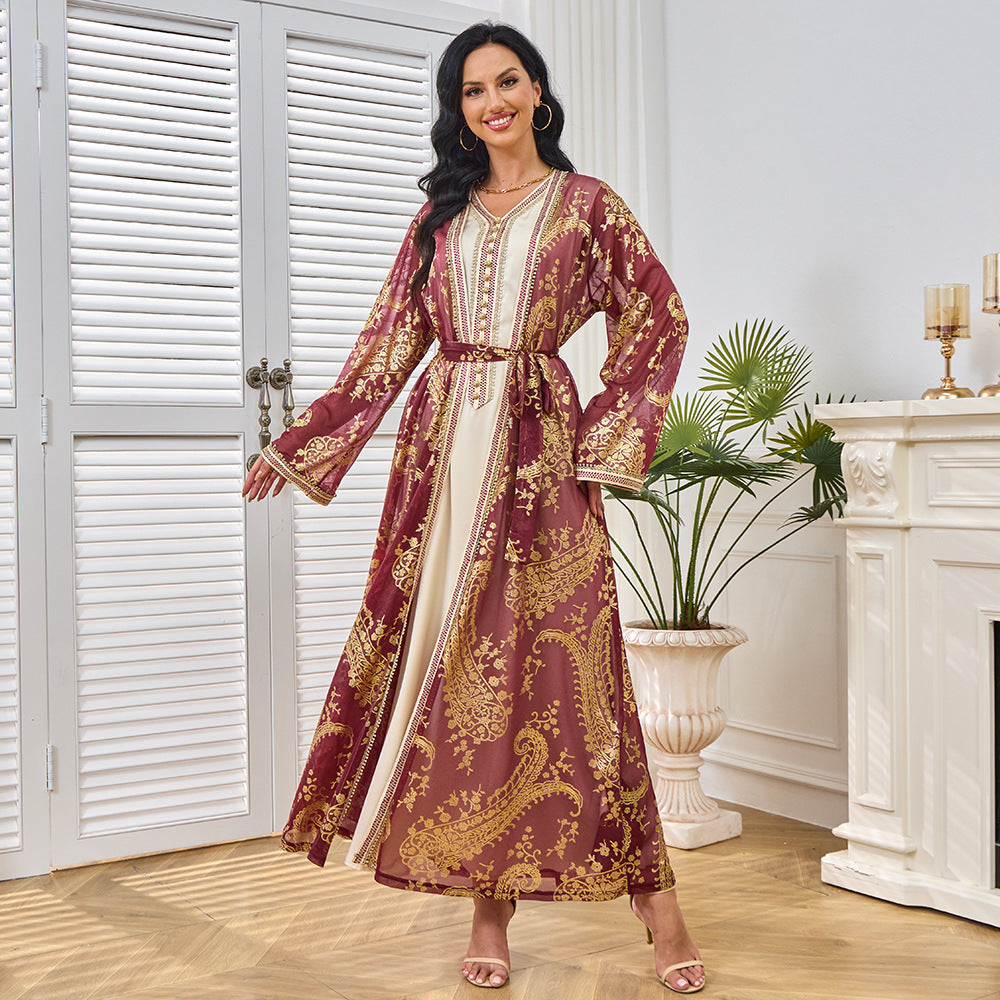 MT212 Middle East robe V-neck cardigan muslim two-piece set bronzing dress Muslim Popular trade suit dress