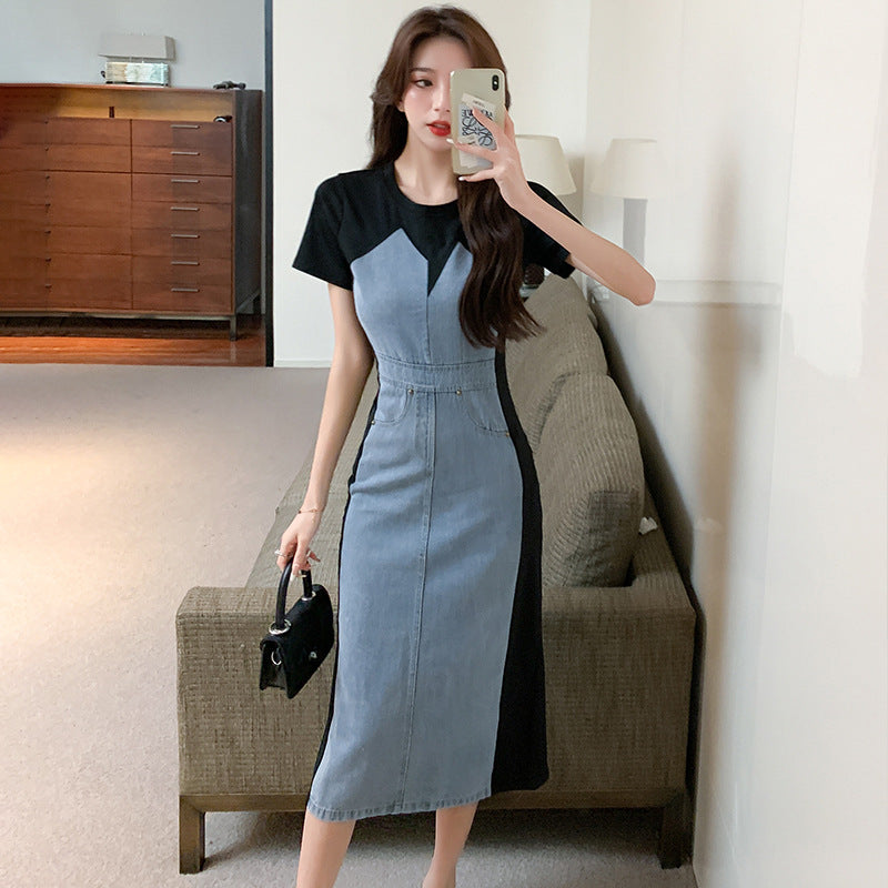 2025 Popularan fashion slim Hong Kong temperament denim splicing dress women's summer new design short-sleeved long dress tide