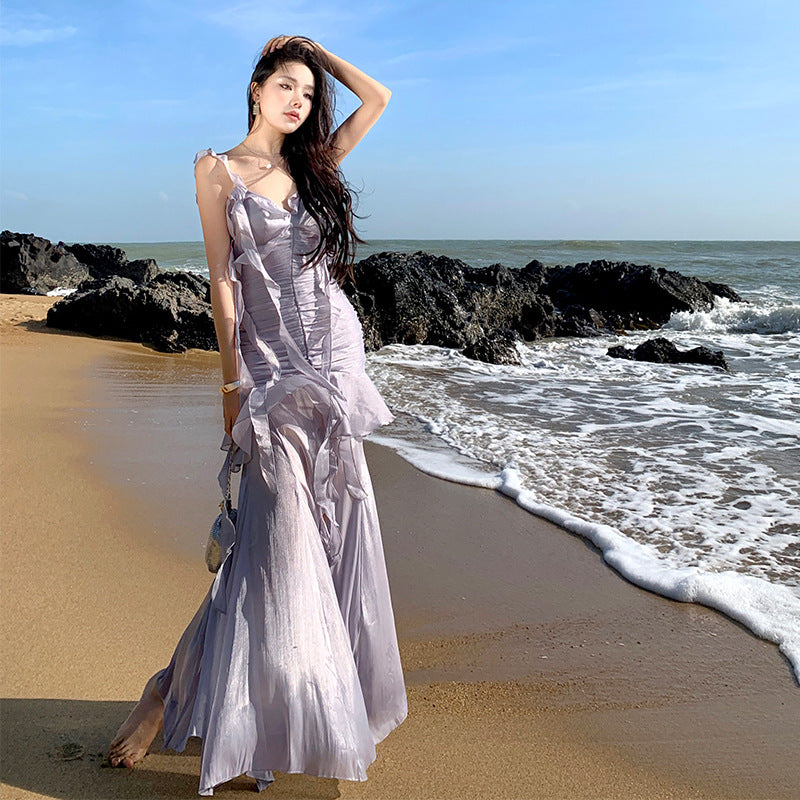 2025 Vintage  dress temperament long dress ruffle edge coffee break travel seaside vacation beach suspender dress