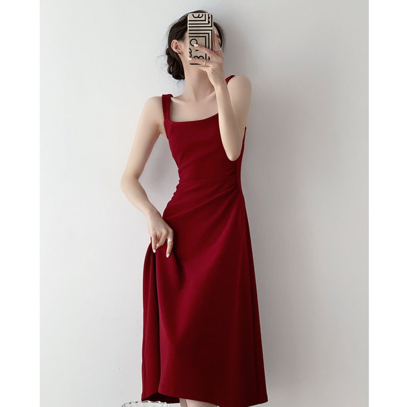 2025 Hong Kong style retro red square neck suspender dress temperament waist birthday party toast dress engagement A dress
