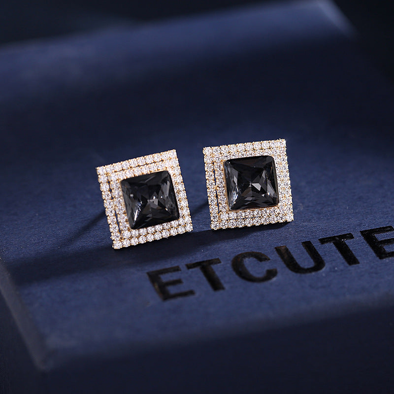 2025 New Korean version fashion temperament blue crystal square stud earrings S925 silver needle geometric earrings women's zircon jewelry
