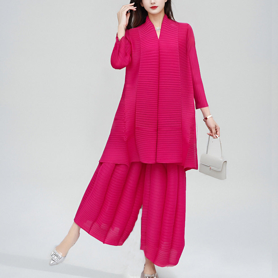 2025 2025 Popular trade plus size set women's clothing two-piece set fashion pleated top loose wide-leg pants a complete set