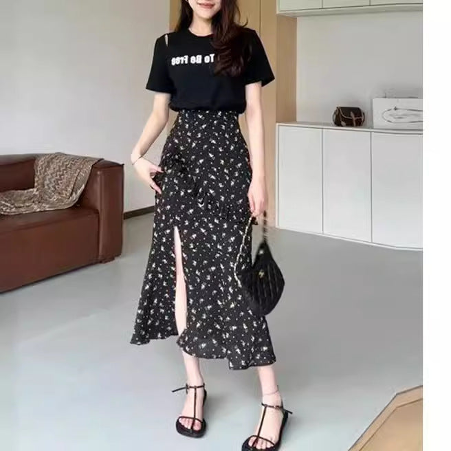 2025 This year's popular temperament summer night flower language dress~ fake two slit and thin waist and shoulder dress