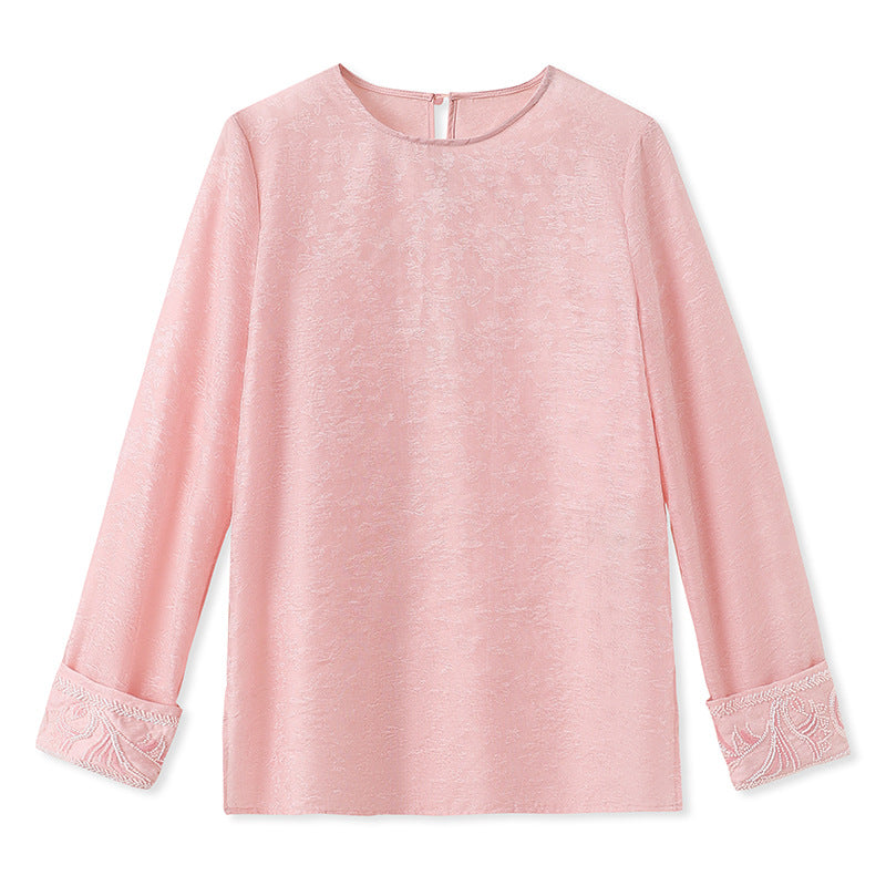 Guofeng Spring New Heavy Industry Bead Embroidery Splicing Long Sleeve Top Women's Thin Versatile Silk Shirt N2071