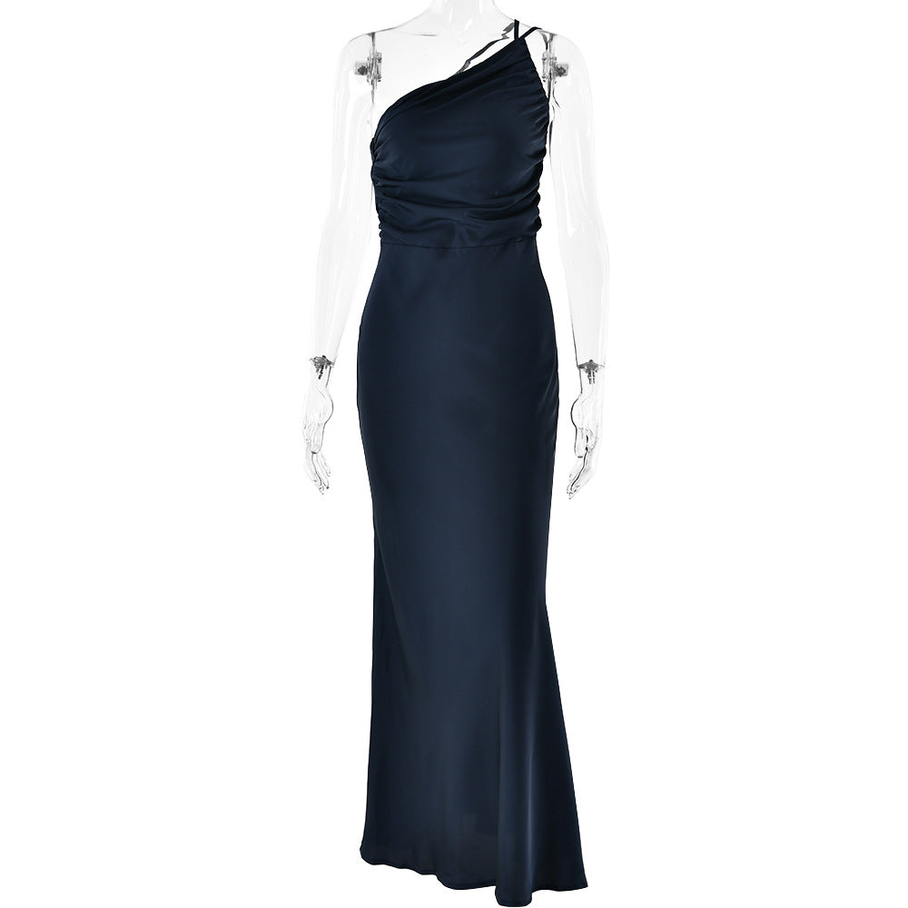 2025 ins New new dress single shoulder pleated backless sleeveless dress sexy fashion slim dress