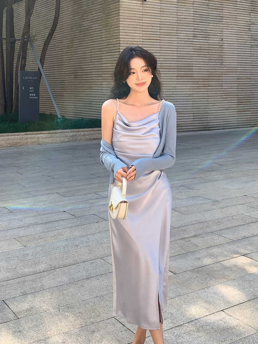 2025 spring and summer new high-waisted satin temperament suspender dress high-end long dress children 88169