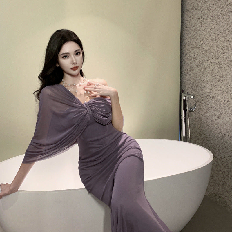 2025 High-end purple tube top dress Royal sister temperament design fake two-piece hip skirt travel wine party wear