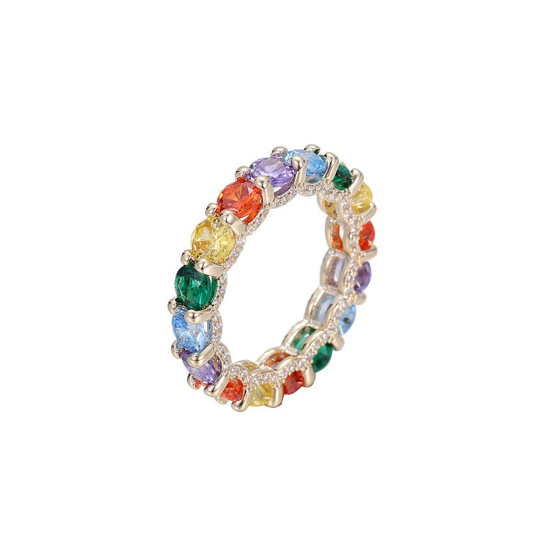 2025 New colorful copper inlaid zircon jewelry ring tide niche light luxury design high-end candy color rainbow ring