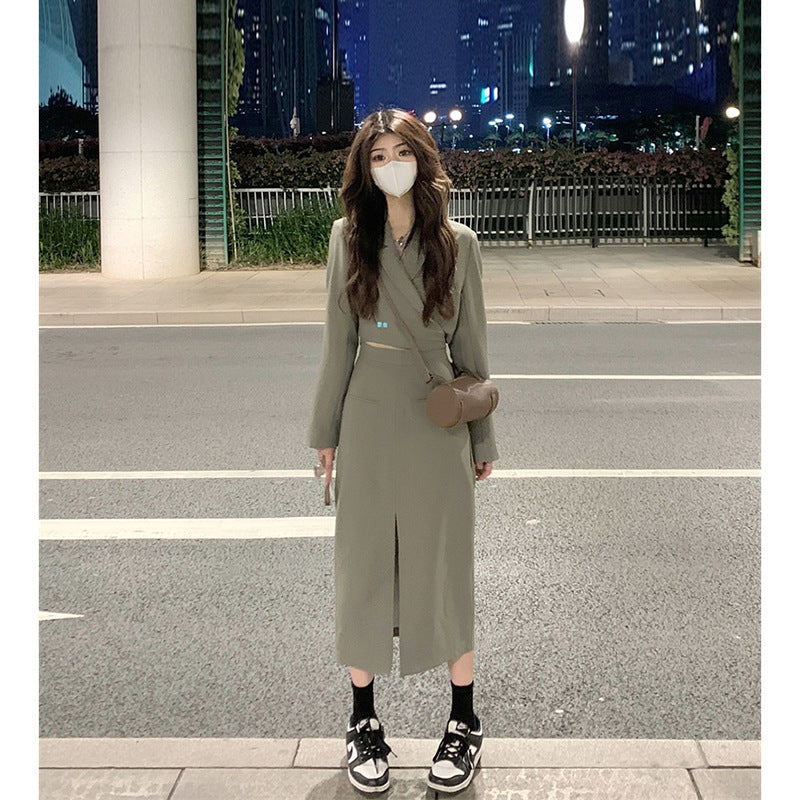 High-end short temperament long-sleeved small suit medium and long split skirt women's autumn 2025 new two-piece set