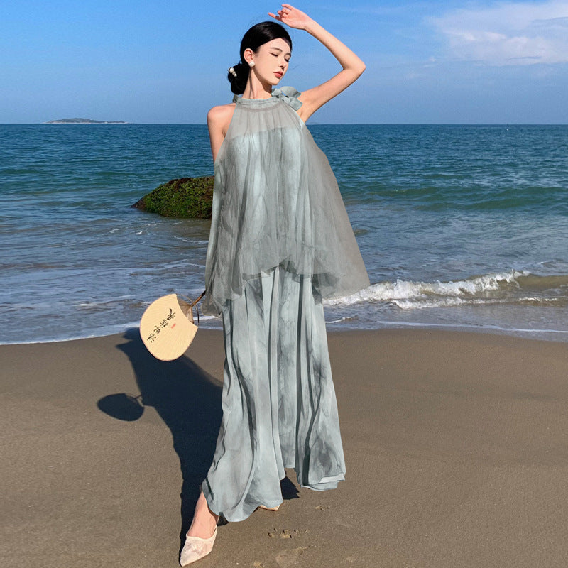 2025 New Chinese style temperament fairy vacation beach dress mesh stitching tie-dye fake two-piece neck dress summer