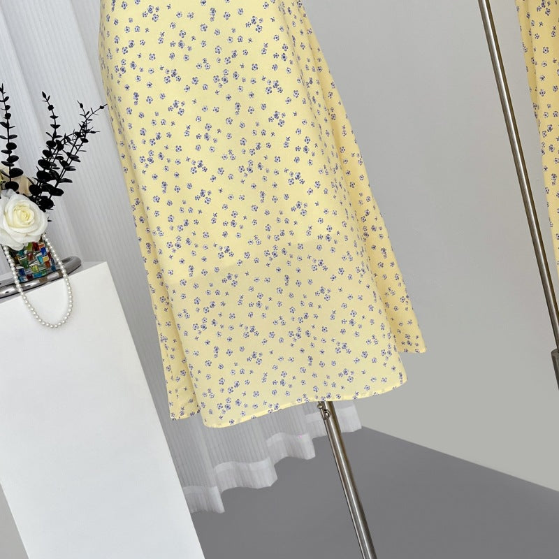 2025 Coffee Break  Yellow Square Neck Floral Suspender Dress Children's Summer New Small Temperament Long Dress