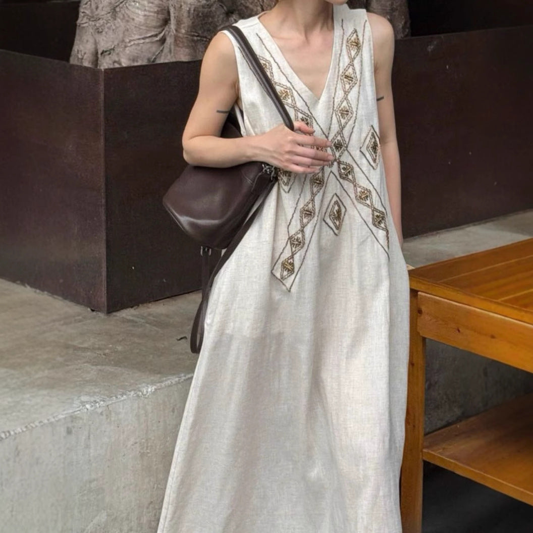 Designer Tencel linen retro national heavy industry special machine bead embroidery dress
