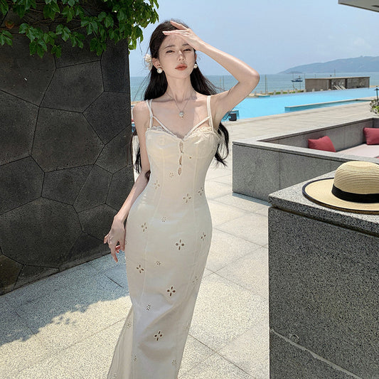 2025 pure desire style niche lace hollow sexy design two-piece dress women's summer vacation suspender dress