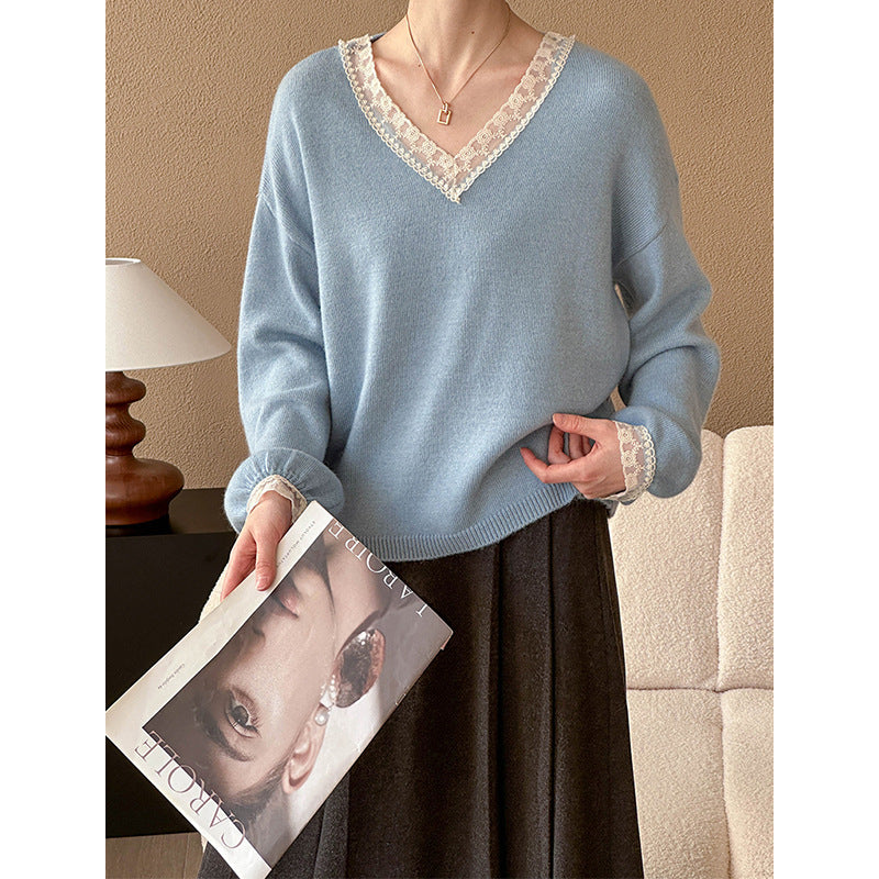 2025 popular autumn and winter top Korean version lace V-neck lace slim soft waxy Ankola red sweater 8819-3