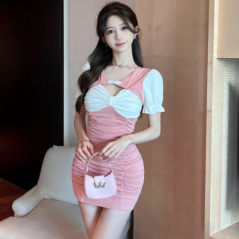 2025 new small night show work uniforms women's clothing shows body folds sexy contrasting color dress technician clothes