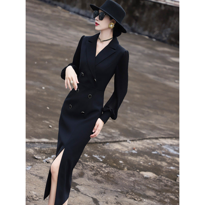 2025 spring new temperament commuter high-end long-sleeved suit skirt slim and thin split dress