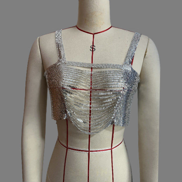 120108 2025 hot-selling vest sequined rhinestone inlaid diamond cloth metal chain hanging neck hollow ultra-short small vest