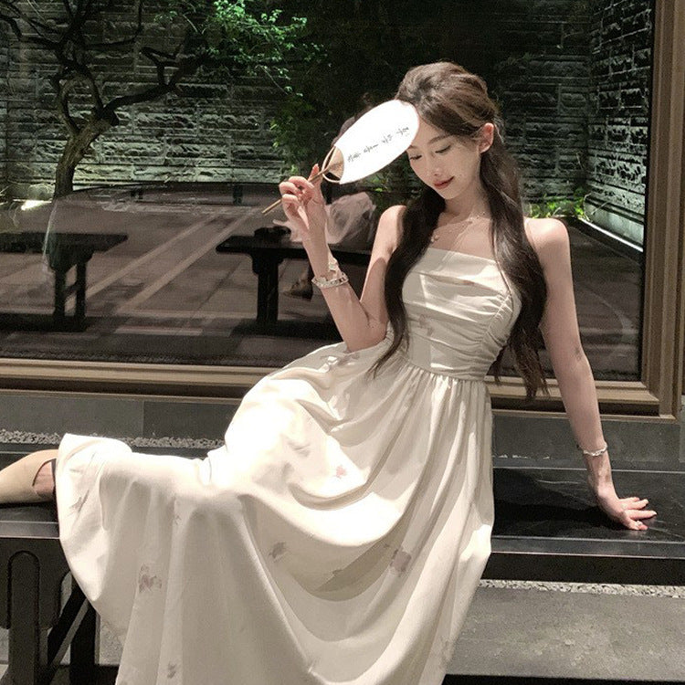 2025 Summer  coffee break tube top, ink suspender dress, women's gentle wind, retro temperament, high-end long skirt
