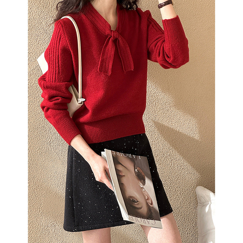 2025 popular autumn and winter new Korean version design sense neckline bow long sleeve inner knitted sweater 248702