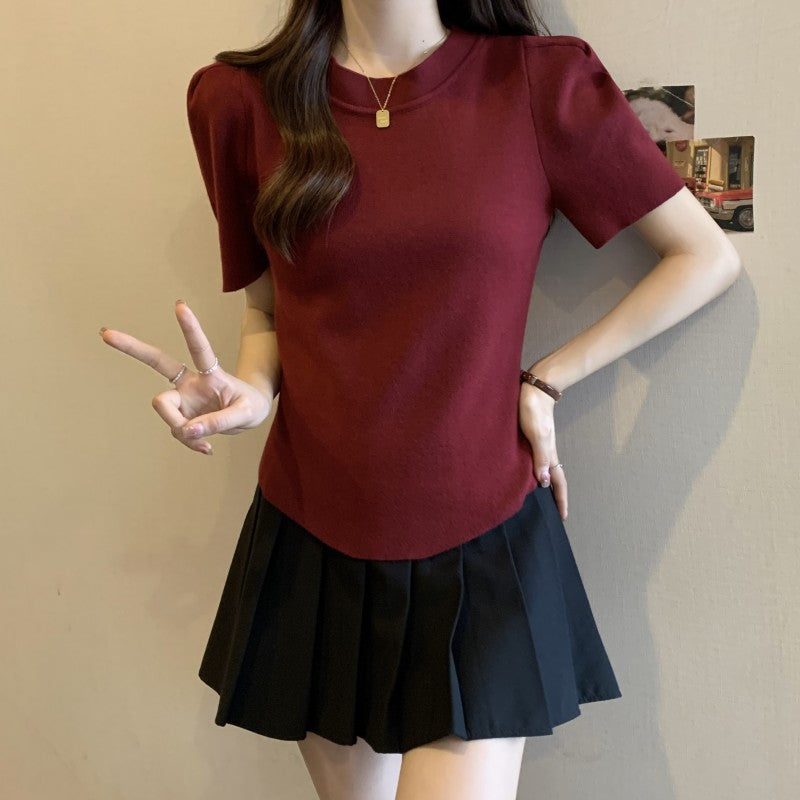 2025 Large size women's clothing Spice Girls short-sleeved short front shoulder knitted sweater women's unique and chic clothes design sense niche