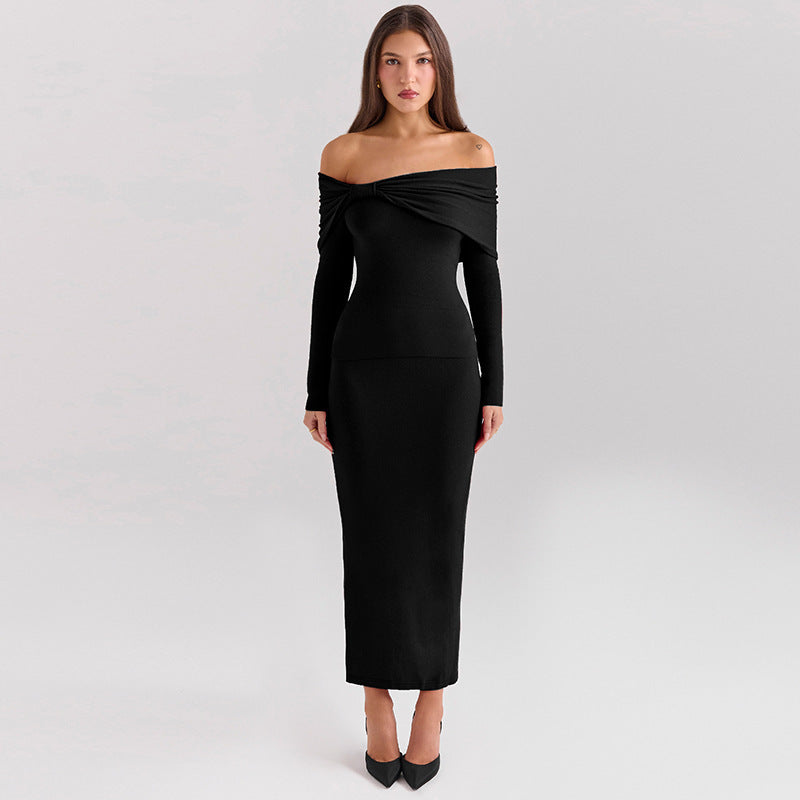 BENPAOLV 2025 Autumn and winter popular new  women's clothing sexy one-word shoulder slim-fitting long-sleeved hip-wrapped split skirt two-piece suit