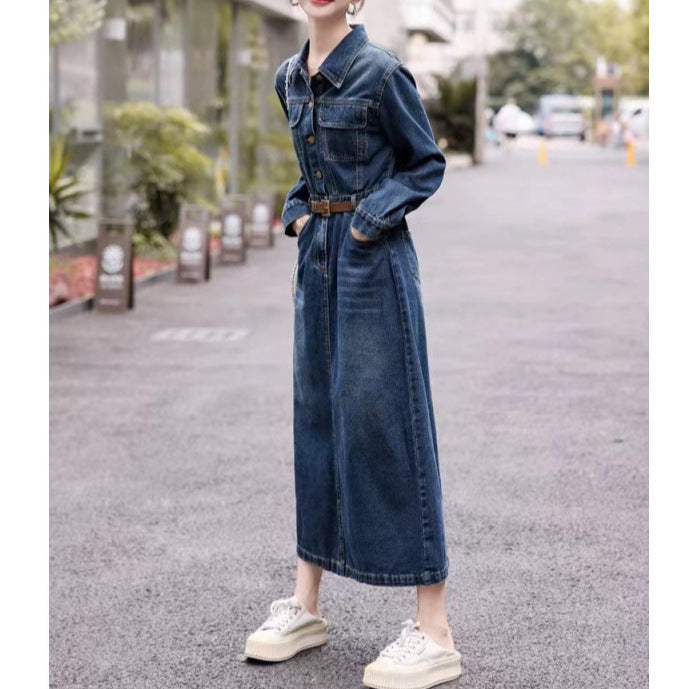 2025 spring new waist thin split denim dress women's spring and autumn long dress Popularan denim skirt children