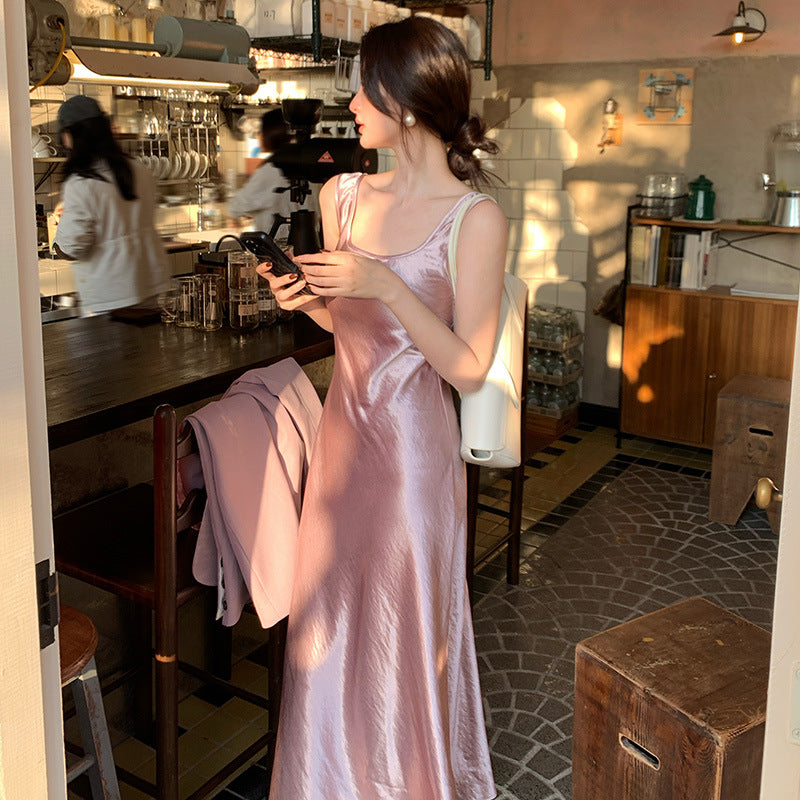 2025 Thirteen Lines  Spring and Summer New  Retro Crew Neck Temperament Satin Suspender Dress 88167