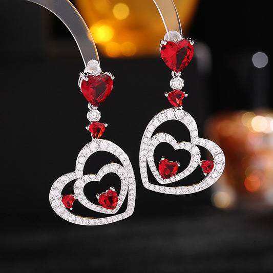 2025 S925 silver needle zircon inlaid earrings wedding dress with light luxury and high-end heart-to-heart love earrings