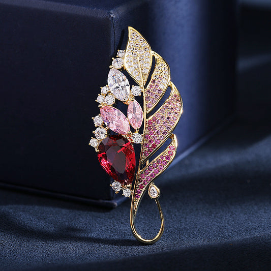 2025 Korean version of elegant temperament leaf pin women's color zircon inlaid high-end light luxury sweater suit feather brooch