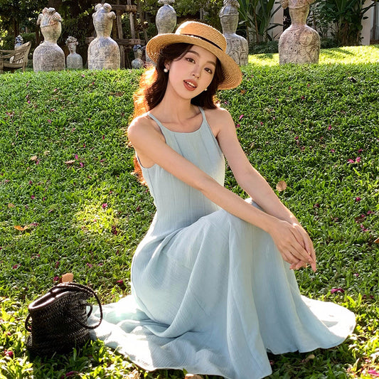 2025 spring new Korean version high waist elegant suspender dress round neck solid color pure desire skirt 88232