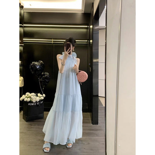 2025 Star Zhang Bichen White Deer same bow neck suspender dress summer long dress seaside vacation skirt