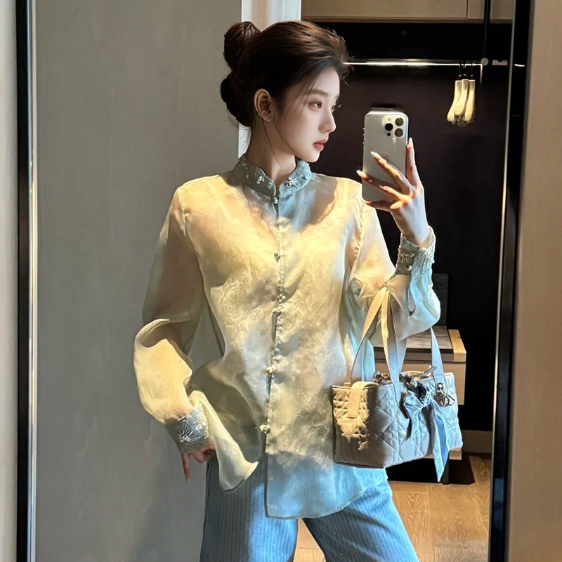 New Chinese heavy industry embroidery three-dimensional decorative thin shirt national style stand-up collar design mulberry silk top women's N1004