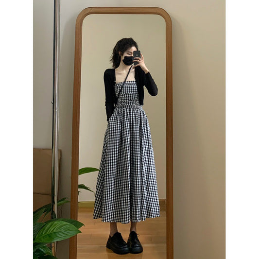 2025 Black and white plaid tube top dress women's  new chest-wrapped long dress + thin long-sleeved lazy wind knitted sweater set