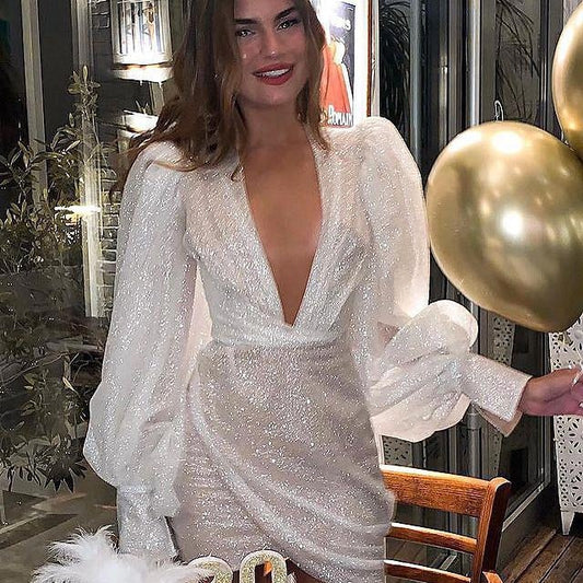2025 new New Popular trade women's clothing independent station ebay sexy shiny V-neck dress hip-wrapped evening dress