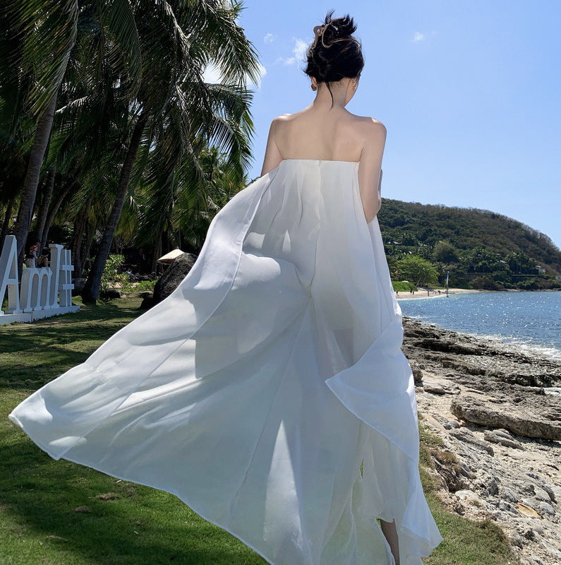 2025 Sanya seaside new design holiday style chiffon jumpsuit skirt women's summer tube top one-word collar sleeveless dress