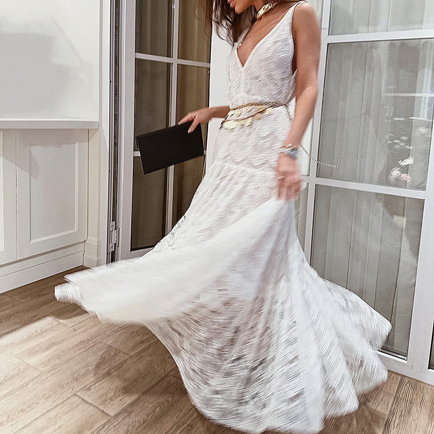 2025 Summer new lace jacquard V-neck shoulder strap dress popular  New sleeveless long dress women's clothing