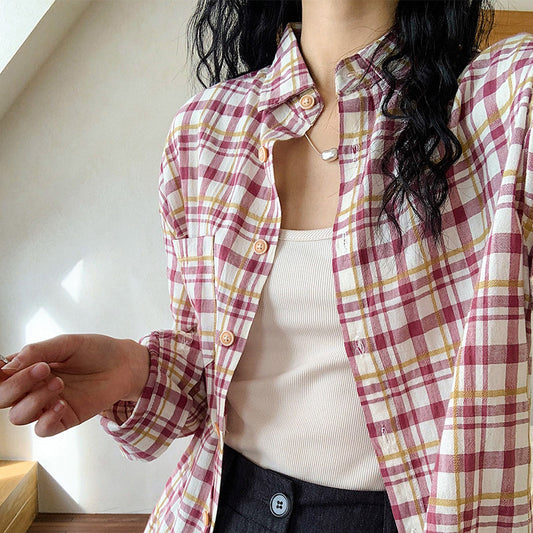 direct sales Scottish plaid shirt women's long-sleeved spring clothing Hong Kong style literary and retro temperament top pure cotton shirt