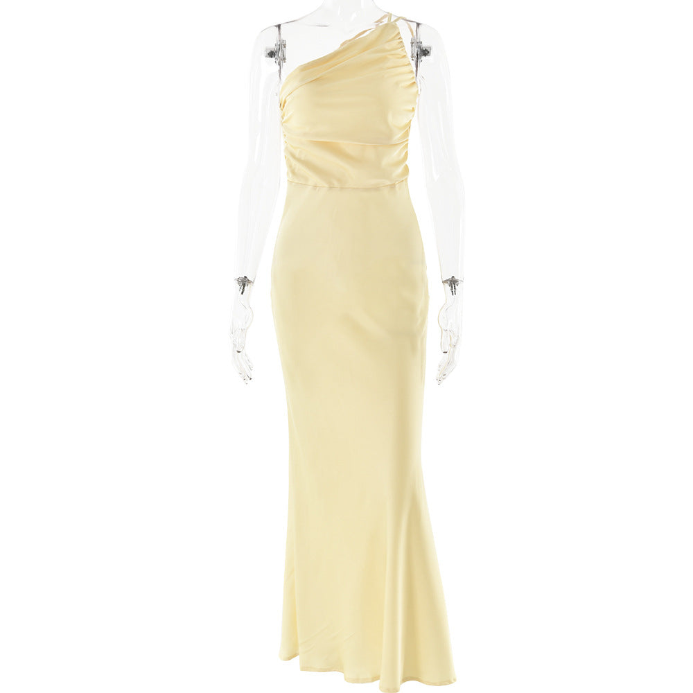 2025 ins New new dress single shoulder pleated backless sleeveless dress sexy fashion slim dress